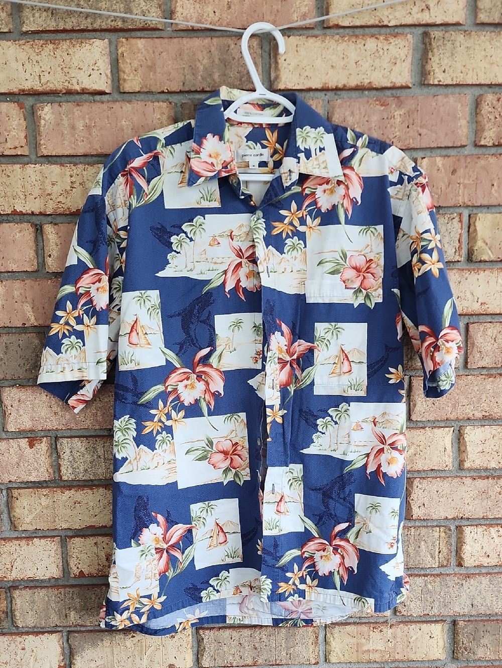 Pierre Cardan Men's Size Medium Blue Floral Hawaiian Shirt